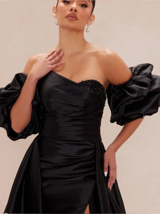 Off-Shoulder Black Satin Evening Gown with Puff Sleeves - Picture 2 of 4